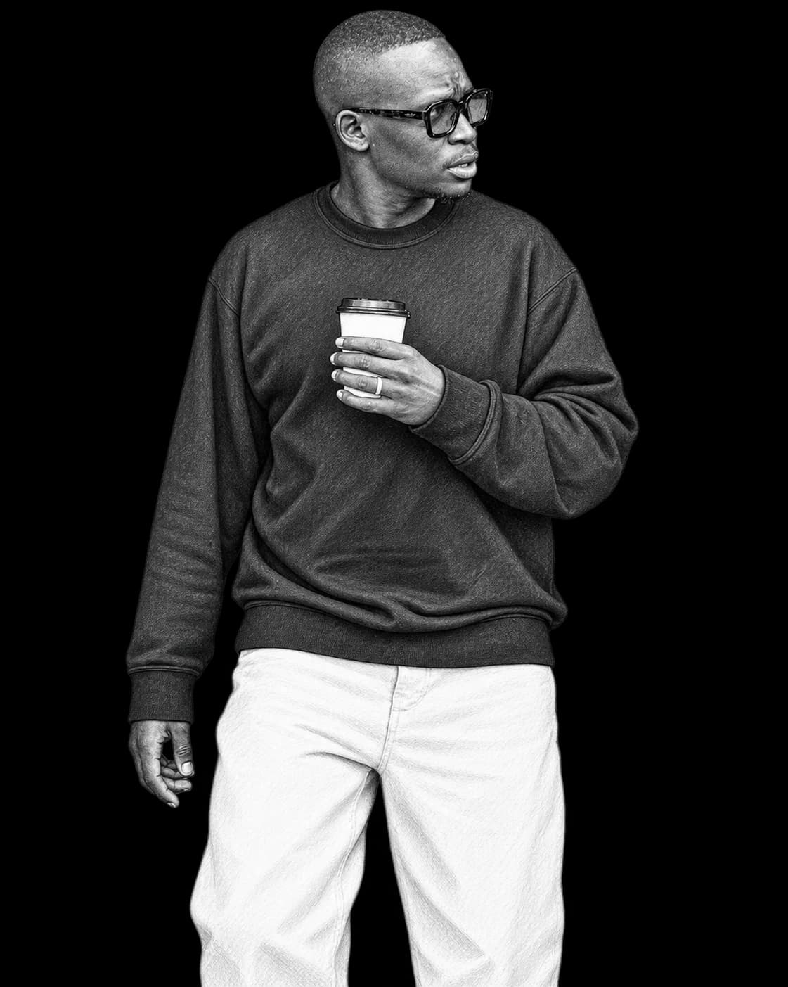 Black-and-white portrait of a man in glasses holding a coffee cup